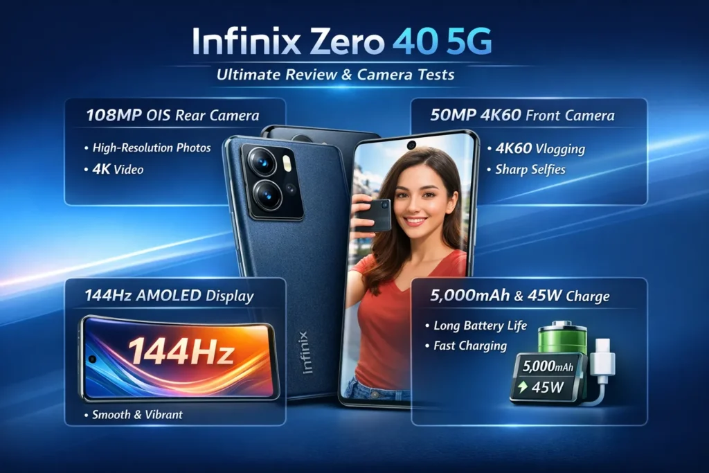 Infinix Zero 40 5G infographic highlighting 108MP OIS camera, 50MP 4K60 selfie camera, 144Hz curved AMOLED display, and 5,000mAh battery with 45W fast charging